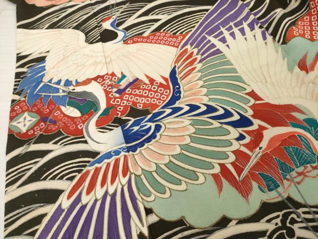 平和屋本店●アンティーク 大正ロマン 振袖 中国三大刺繍 相良刺繍 立波飛鶴宝尽くし 黒地 金銀彩 ロング丈 正絹 逸品 AABI0789ck