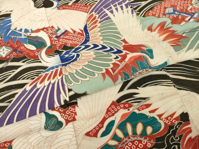 平和屋本店●アンティーク 大正ロマン 振袖 中国三大刺繍 相良刺繍 立波飛鶴宝尽くし 黒地 金銀彩 ロング丈 正絹 逸品 AABI0789ck