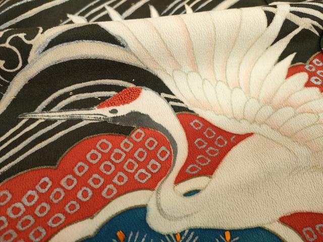 平和屋本店●アンティーク 大正ロマン 振袖 中国三大刺繍 相良刺繍 立波飛鶴宝尽くし 黒地 金銀彩 ロング丈 正絹 逸品 AABI0789ck