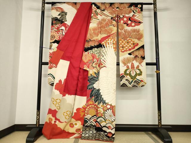 平和屋本店●アンティーク 大正ロマン 振袖 駒刺繍 飛鶴吉祥文 黒地 金彩 正絹 逸品 AABI0790ck