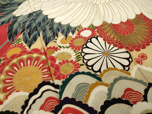 平和屋本店●アンティーク 大正ロマン 振袖 駒刺繍 飛鶴吉祥文 黒地 金彩 正絹 逸品 AABI0790ck