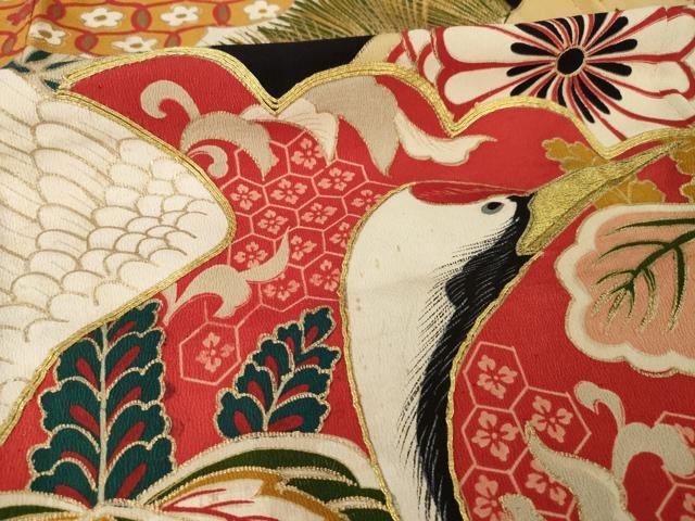 平和屋本店●アンティーク 大正ロマン 振袖 駒刺繍 飛鶴吉祥文 黒地 金彩 正絹 逸品 AABI0790ck
