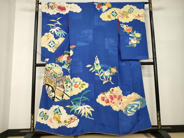 平和屋本店●アンティーク 大正ロマン 小振袖 二尺袖 駒刺繍 雲取り吉祥御所車文 金彩 正絹 逸品 AABI0791ck