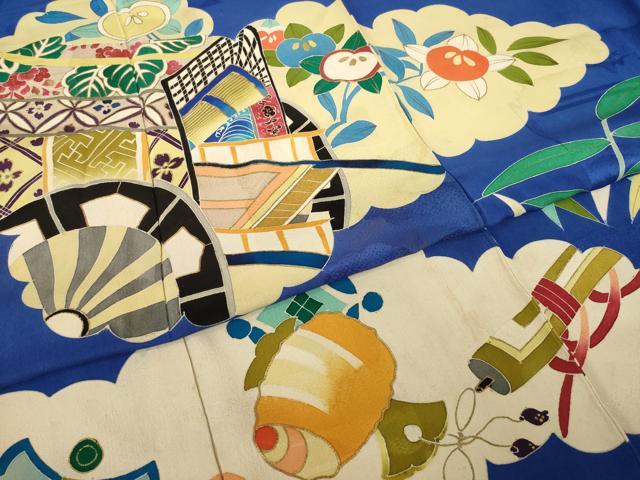 平和屋本店●アンティーク 大正ロマン 小振袖 二尺袖 駒刺繍 雲取り吉祥御所車文 金彩 正絹 逸品 AABI0791ck