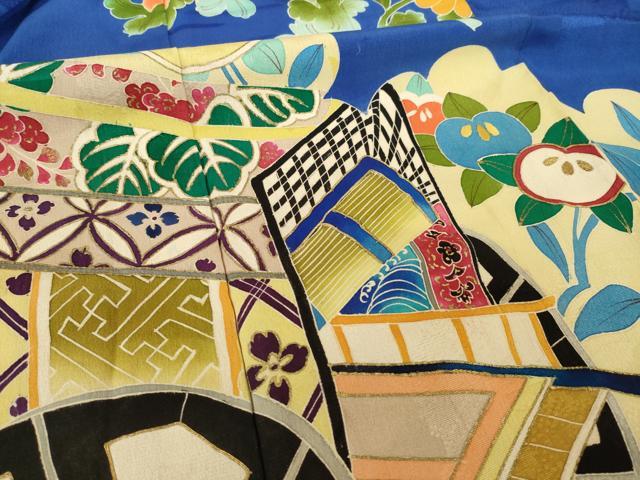 平和屋本店●アンティーク 大正ロマン 小振袖 二尺袖 駒刺繍 雲取り吉祥御所車文 金彩 正絹 逸品 AABI0791ck