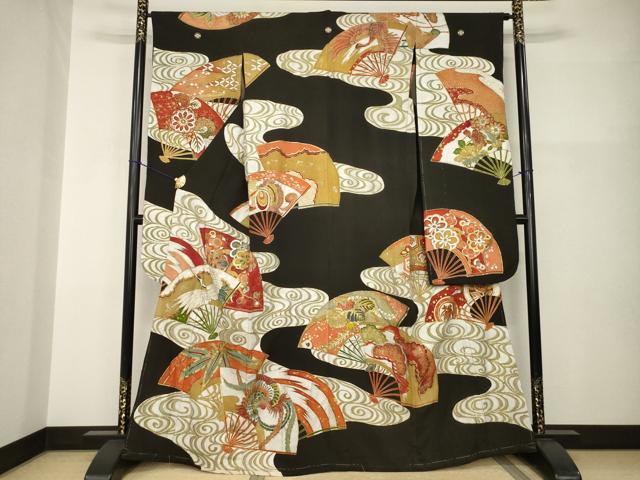 平和屋本店●アンティーク 大正ロマン 振袖 駒刺繍 地紙吉祥花鳥文 黒地 金彩 正絹 逸品 AABI0793ck