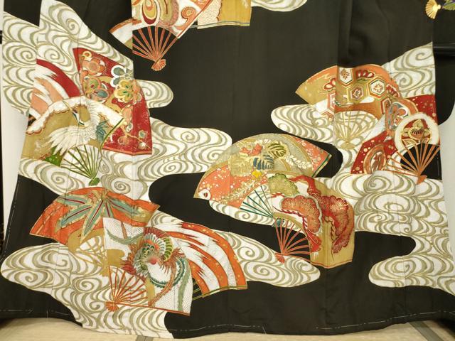 平和屋本店●アンティーク 大正ロマン 振袖 駒刺繍 地紙吉祥花鳥文 黒地 金彩 正絹 逸品 AABI0793ck