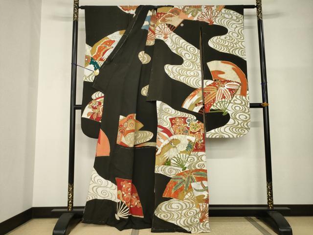 平和屋本店●アンティーク 大正ロマン 振袖 駒刺繍 地紙吉祥花鳥文 黒地 金彩 正絹 逸品 AABI0793ck