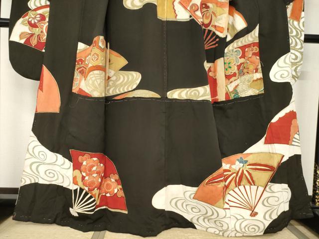 平和屋本店●アンティーク 大正ロマン 振袖 駒刺繍 地紙吉祥花鳥文 黒地 金彩 正絹 逸品 AABI0793ck