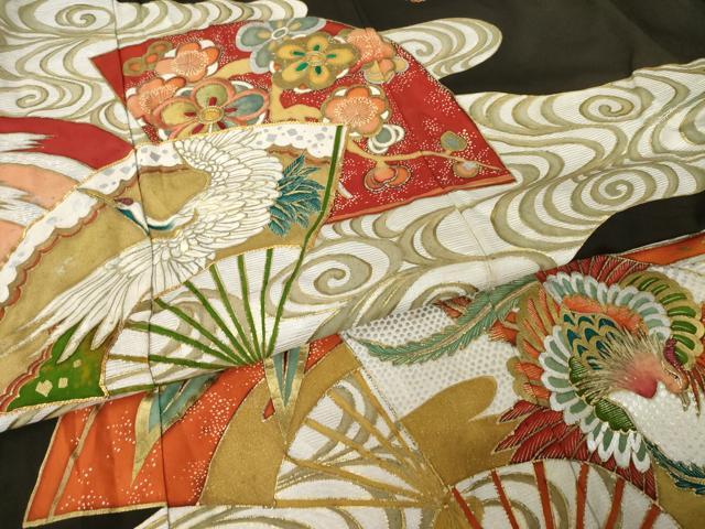 平和屋本店●アンティーク 大正ロマン 振袖 駒刺繍 地紙吉祥花鳥文 黒地 金彩 正絹 逸品 AABI0793ck