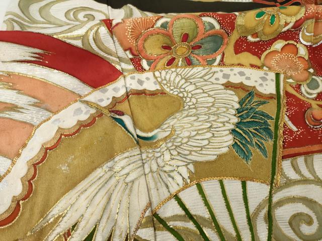 平和屋本店●アンティーク 大正ロマン 振袖 駒刺繍 地紙吉祥花鳥文 黒地 金彩 正絹 逸品 AABI0793ck