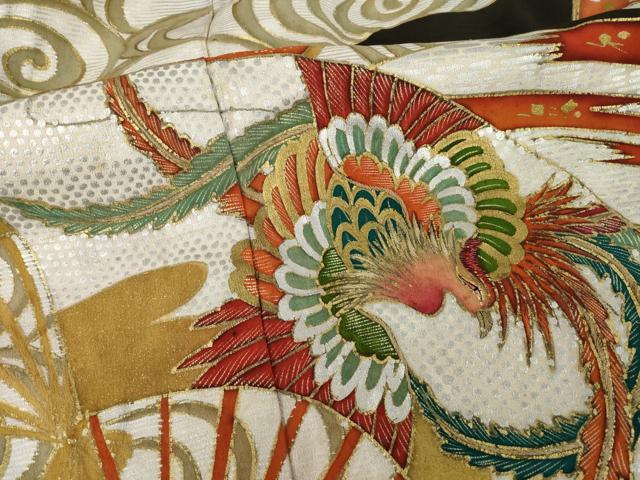 平和屋本店●アンティーク 大正ロマン 振袖 駒刺繍 地紙吉祥花鳥文 黒地 金彩 正絹 逸品 AABI0793ck