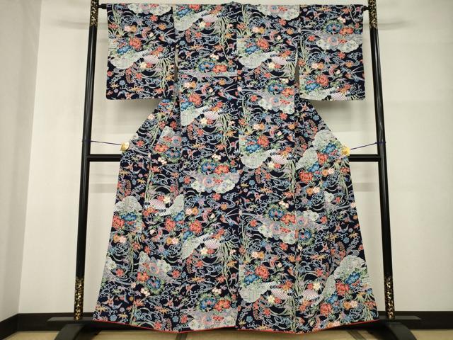 平和屋着物●上質な小紋 型染め 流水花鳥籬文 正絹 逸品 AABI0805ck