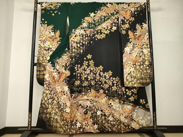 平和屋着物●豪華振袖 刺繍 流水花蝶文 黒地 金彩 正絹 逸品 AABI0826ck