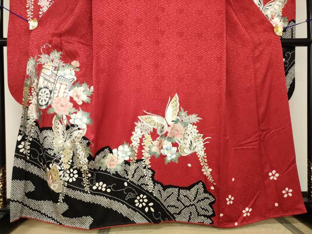 平和屋着物●豪華振袖 絞り 御所車花蝶文 正絹 逸品 AABI0839ck
