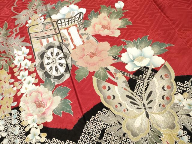 平和屋着物●豪華振袖 絞り 御所車花蝶文 正絹 逸品 AABI0839ck