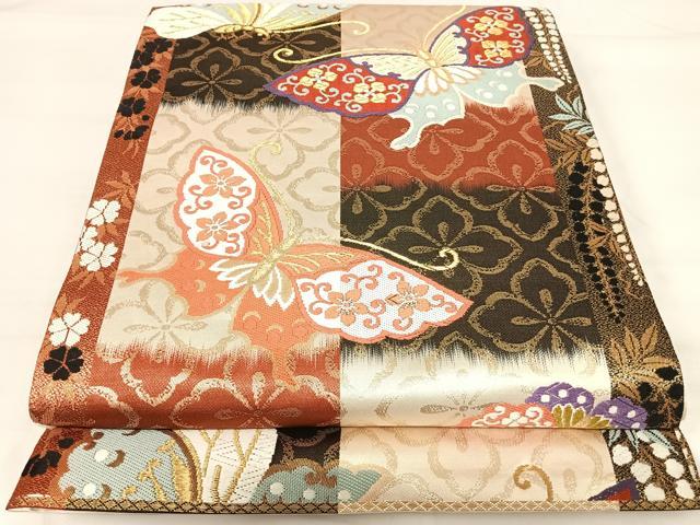 平和屋着物◎六通柄袋帯 唐織 慶長蝶文様 金糸 正絹 逸品 AABI0842yx