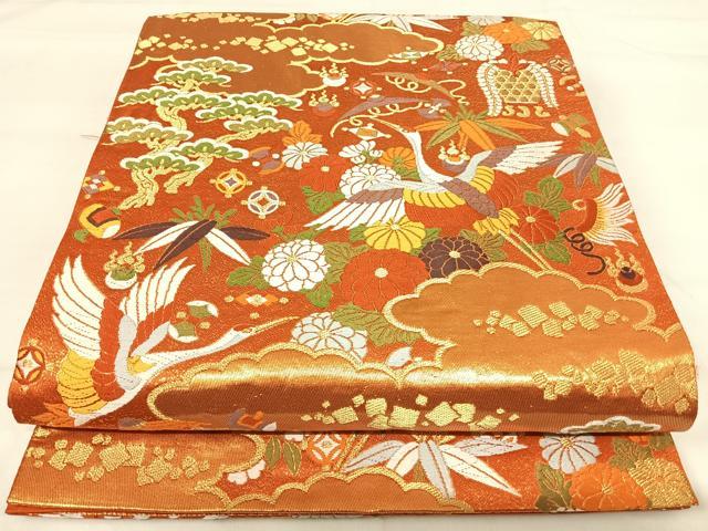平和屋着物◎六通柄袋帯 唐織 飛鶴花宝尽くし 金糸 正絹 逸品 AABI0851yx