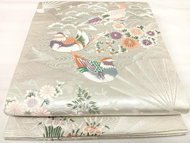 平和屋着物◎六通柄袋帯 唐織 鴛鴦花文 銀糸 正絹 逸品 AABI0853yx