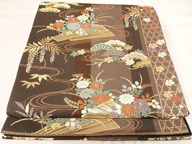 平和屋着物◎六通柄袋帯 唐織 流水花文 金糸 正絹 逸品 AABI0859yx