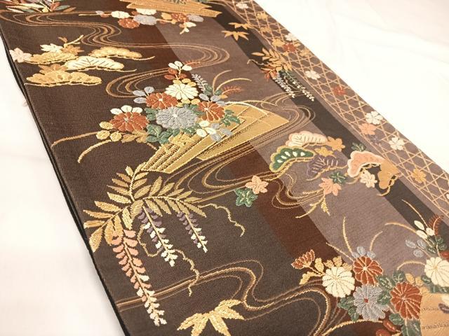 平和屋着物◎六通柄袋帯 唐織 流水花文 金糸 正絹 逸品 AABI0859yx
