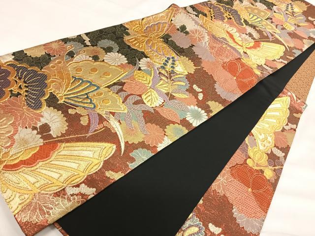 平和屋着物◎六通柄袋帯 唐織 花蝶文 金糸 正絹 逸品 AABI0871yx