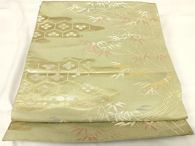 平和屋着物◎六通柄袋帯 流水笹の葉文 金糸 正絹 逸品 AABI0873yx