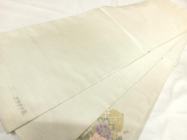平和屋着物◎西陣 太鼓柄袋帯 明綴 扇面花文 プラチナ箔 正絹 逸品 AABI0905yx