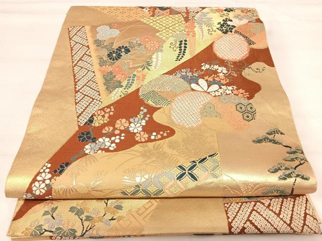 平和屋着物◎六通柄袋帯 唐織 桃山慶長の美 裂張能衣紋 金糸 正絹 逸品 AABI0912yx