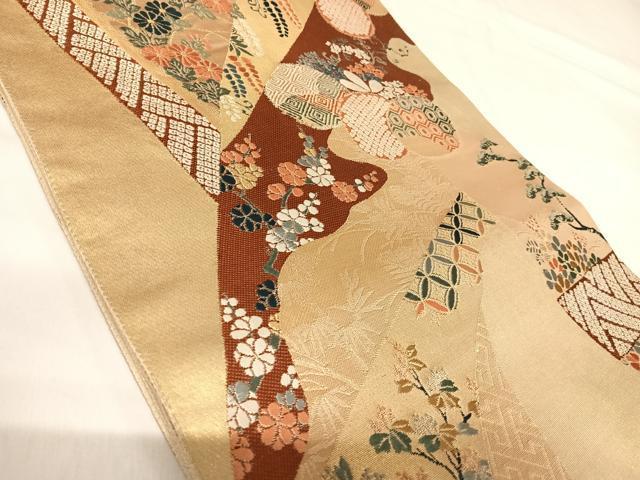 平和屋着物◎六通柄袋帯 唐織 桃山慶長の美 裂張能衣紋 金糸 正絹 逸品 AABI0912yx