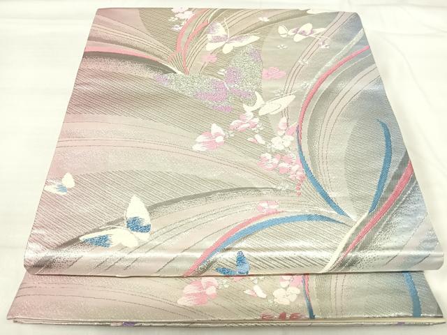 平和屋着物◎六通柄袋帯 唐織 花蝶文 銀糸 正絹 逸品 AABI0920yx