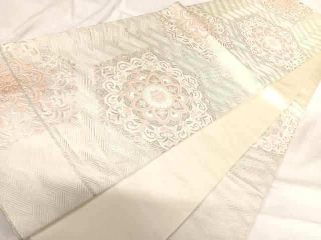 平和屋着物◎六通柄袋帯 唐織 亀甲花文 銀糸 正絹 逸品 AABI0926yx