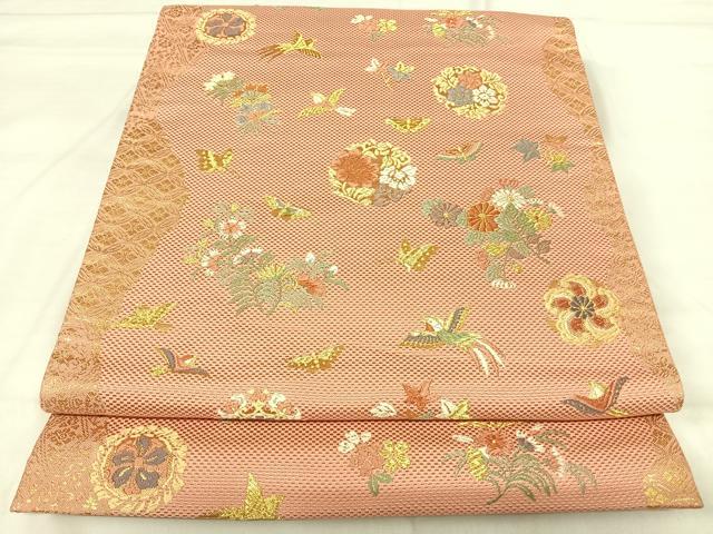 平和屋着物◎六通柄袋帯 唐織 いちらく錦 花鳥文 金糸 正絹 逸品 AABI0930yx