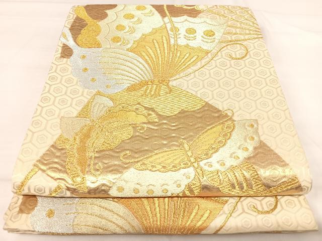 平和屋着物◎六通柄袋帯 唐織 扇面取華文 金銀糸 三越扱い 正絹 逸品 AABI0940yx