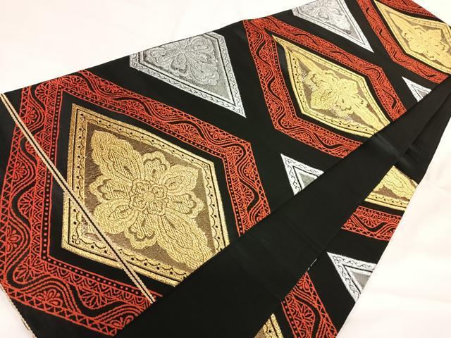 平和屋着物◎六通柄袋帯 唐織 花菱文 黒地 金銀糸 正絹 逸品 AABI0961yx