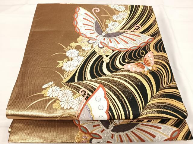 平和屋着物◎全通柄袋帯 唐織 花蝶文 金銀糸 正絹 逸品 AABI0965yx