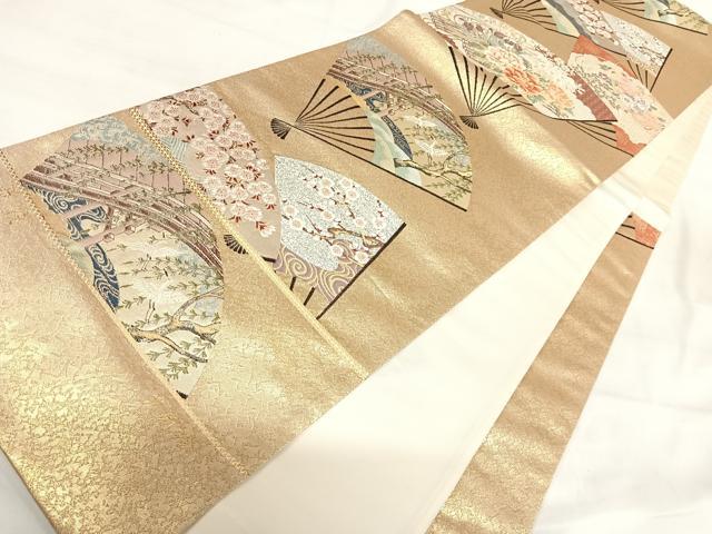 平和屋着物◎六通柄袋帯 唐織 花筏 京扇絵 金銀糸 正絹 逸品 AABI0981yx