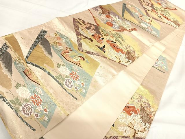 平和屋着物◎六通柄袋帯 唐織 人物風景文 金糸 正絹 逸品 AABI0992yx