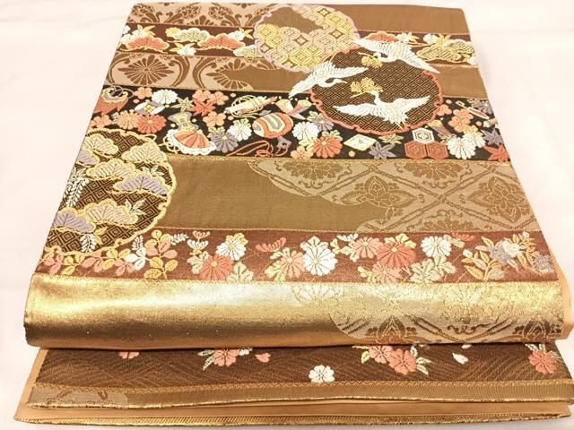 平和屋着物◎六通柄袋帯 唐織 雪輪飛鶴花文 金銀糸 正絹 逸品 AABI0994yx