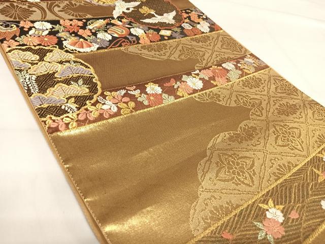 平和屋着物◎六通柄袋帯 唐織 雪輪飛鶴花文 金銀糸 正絹 逸品 AABI0994yx