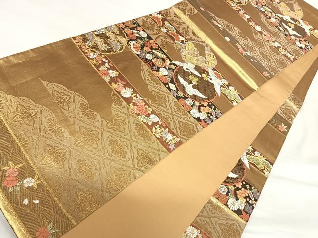 平和屋着物◎六通柄袋帯 唐織 雪輪飛鶴花文 金銀糸 正絹 逸品 AABI0994yx