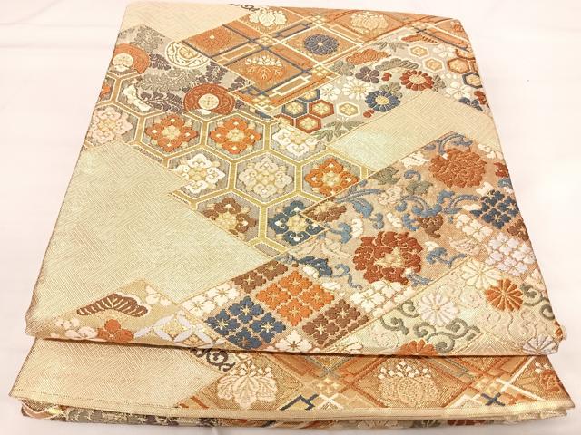 平和屋着物●六通柄袋帯　松皮菱花文　金糸　正絹　逸品　CABC5238hy 平和屋着物◎六通柄袋帯 松皮菱花文 金銀糸 正絹