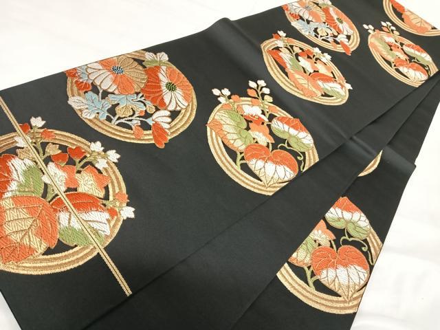 平和屋着物◎六通柄袋帯 唐織 大宮どんす 花丸文 黒地 金糸 正絹 逸品 AABI1015yx