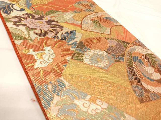 平和屋着物◎佐賀錦 六通柄袋帯 扇面唐花紋 金糸 正絹 逸品 AABI1020yx
