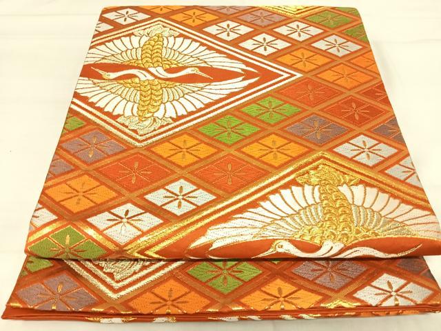 平和屋着物◎六通柄袋帯 唐織 双鶴花文 金銀糸 正絹 逸品 AABI1022yx