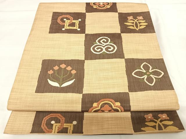 平和屋着物◎六通柄袋帯 楽山 市松花文 正絹 逸品 AABI1027yx