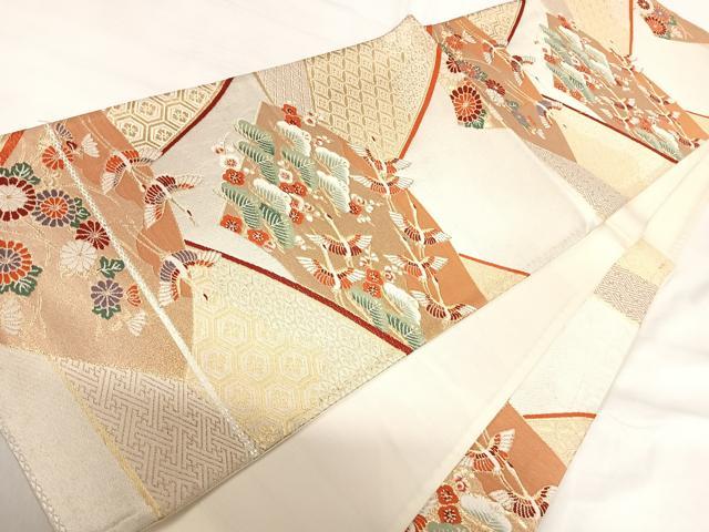平和屋着物◎六通柄袋帯 唐織 群鶴扇面文 金糸 正絹 逸品 AABI1051yx