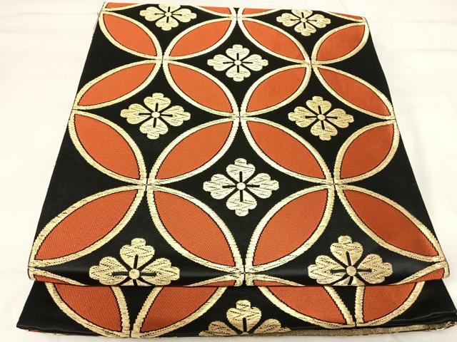 平和屋着物◎六通柄袋帯 唐織 七宝花文 黒地 金糸 正絹 逸品 AABI1056yx