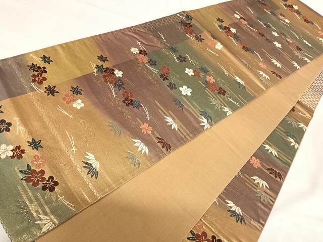平和屋着物◎六通柄袋帯 唐織 吹き寄せ花文 金糸 正絹 逸品 AABI1088yx
