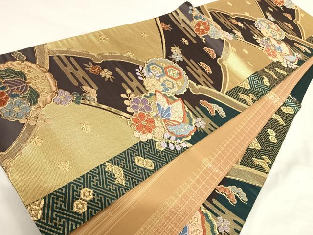 平和屋着物◎六通柄袋帯 唐織 雪輪花蝶文 金糸 正絹 逸品 AABI1091yx